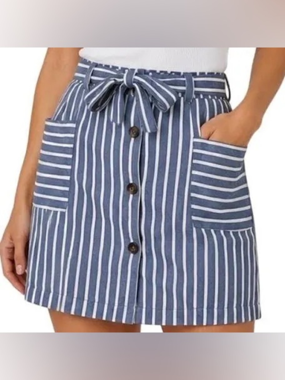 Altar'd State Navy and White Striped Button-Front Tie-Waist Mini Skirt